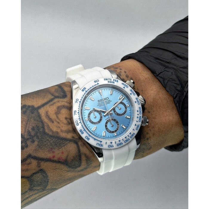 Custom Seiko Mod • White Ice Blue Daytona • 39.5mm